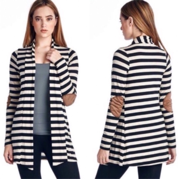 Black/White Striped Elbow Patch Open Front Knit Cardigan